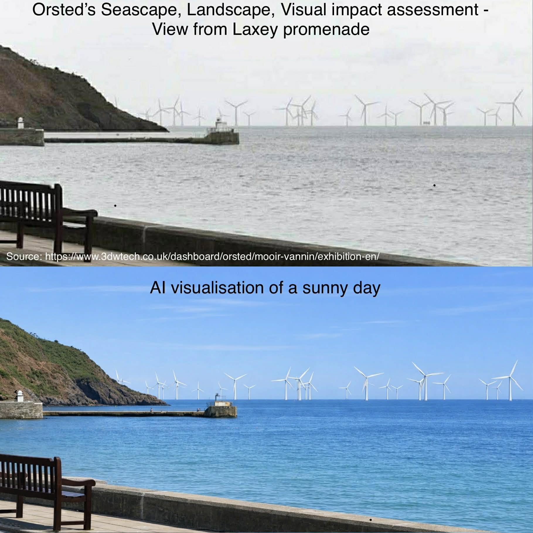 Top: Ørsted's washed-out visual impact assessment of the turbines from Laxey promenade. Bottom: the same view as a clear, sunny day, with the turbines far more prominent.