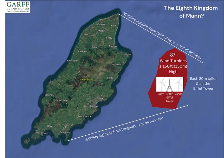 Map of the Isle of Man showing the wind farm array off the east coast, with visibility sightlines from the Point of Ayre and Langness, and a height comparison to the Eiffel Tower
