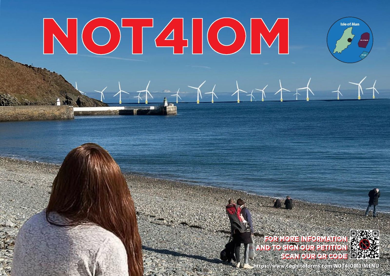A Manx beach looking out to sea, with 87 industrial wind turbines mocked up on the horizon